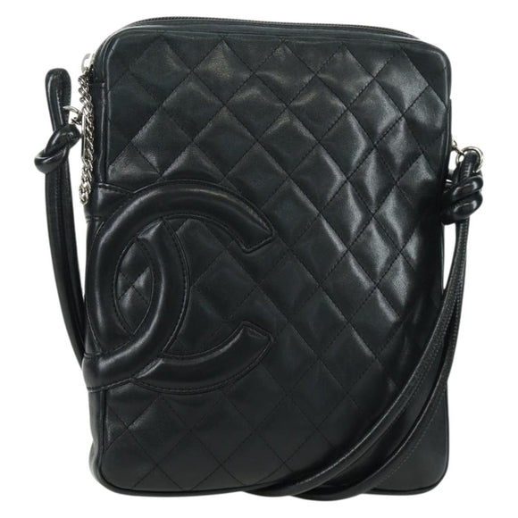 CHANEL Cambon Line Matelasse Shoulder Bag Leather Black Silver CC Auth 166791A