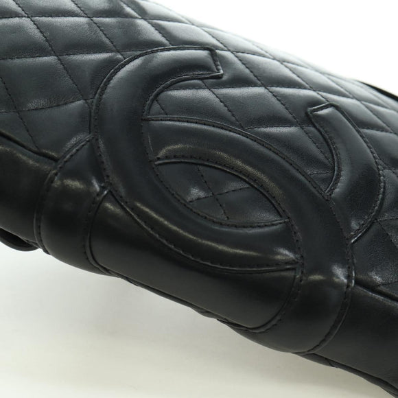CHANEL Cambon Line Matelasse Shoulder Bag Leather Black Silver CC Auth 166791A