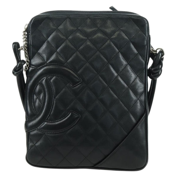 CHANEL Cambon Line Matelasse Shoulder Bag Leather Black Silver CC Auth 166791A