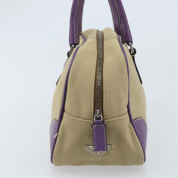 PRADA Hand Bag Canvas Beige Silver Auth 166793