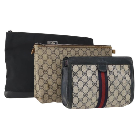 GUCCI GG Supreme Plus Sherry Line Clutch Bag PVC 3 Set Black Beige Auth 166799