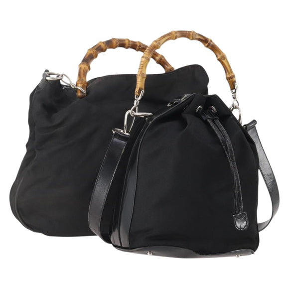 GUCCI Bamboo Hand Bag Nylon 2way 2 Set Black Auth 166802