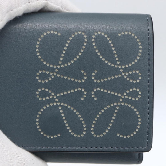 LOEWE Anagram Wallet Leather Blue Silver Auth 166820