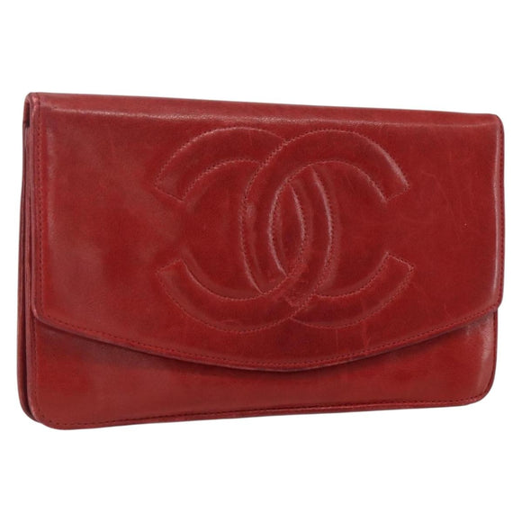 CHANEL Long Wallet Caviar Skin Red Gold CC Auth 166826