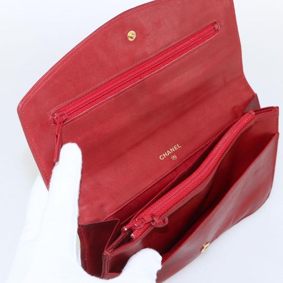 CHANEL Long Wallet Caviar Skin Red Gold CC Auth 166826