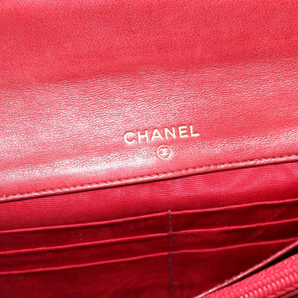 CHANEL Long Wallet Caviar Skin Red Gold CC Auth 166826