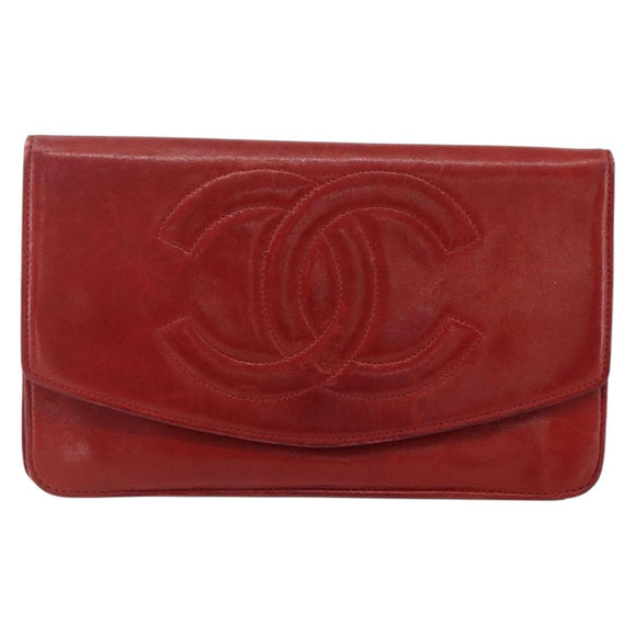 CHANEL Long Wallet Caviar Skin Red Gold CC Auth 166826