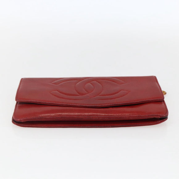 CHANEL Long Wallet Caviar Skin Red Gold CC Auth 166826
