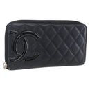CHANEL Cambon Line Wallet Leather Black Silver CC Auth 166835-1