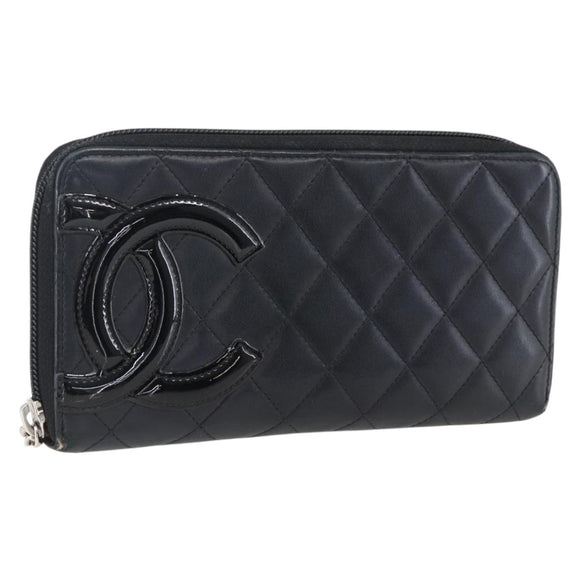 CHANEL Cambon Line Wallet Leather Black Silver CC Auth 166835