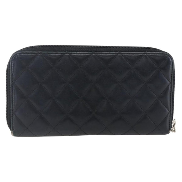 CHANEL Cambon Line Wallet Leather Black Silver CC Auth 166835