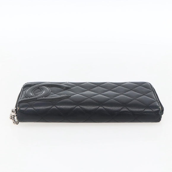 CHANEL Cambon Line Wallet Leather Black Silver CC Auth 166835