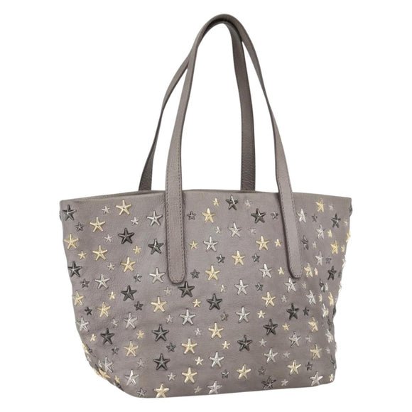 Jimmy Choo Star Studs Tote Bag Leather Gray Gold Auth 166869