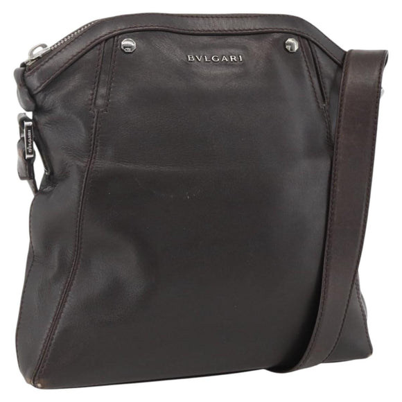 BVLGARI Shoulder Bag Leather Dark Brown Silver Auth 166883