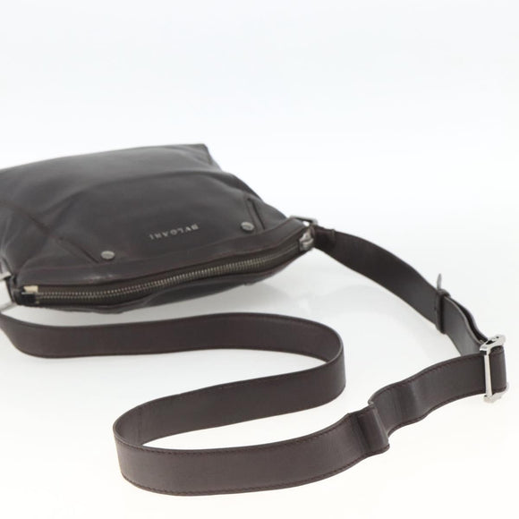BVLGARI Shoulder Bag Leather Dark Brown Silver Auth 166883
