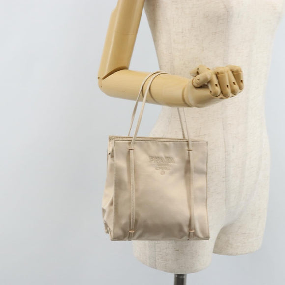 PRADA Hand Bag Satin Silver Metallic beige Auth 166888