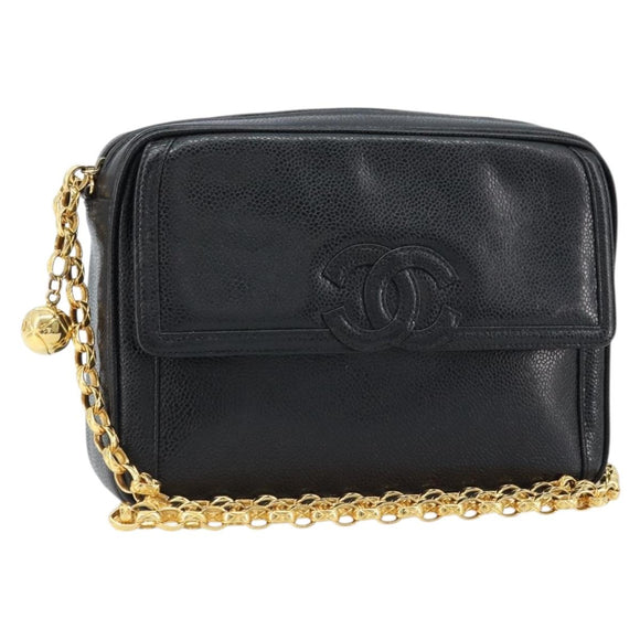 CHANEL Chain Shoulder Bag Caviar Skin Black Gold CC Auth 166896SAV