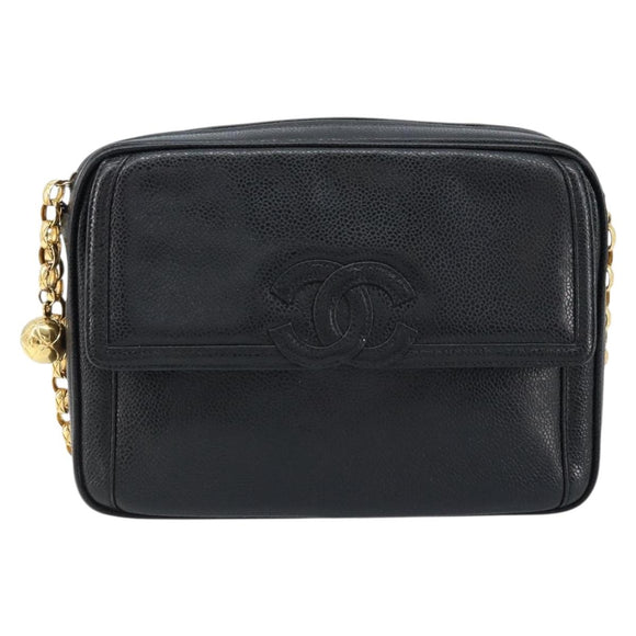CHANEL Chain Shoulder Bag Caviar Skin Black Gold CC Auth 166896SAV