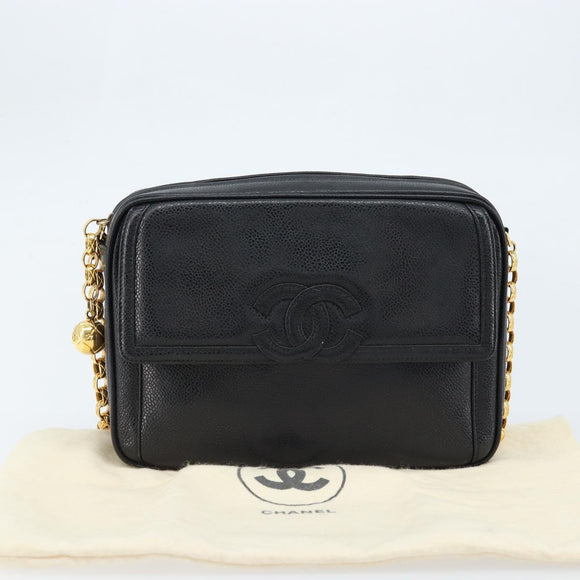 CHANEL Chain Shoulder Bag Caviar Skin Black Gold CC Auth 166896SAV
