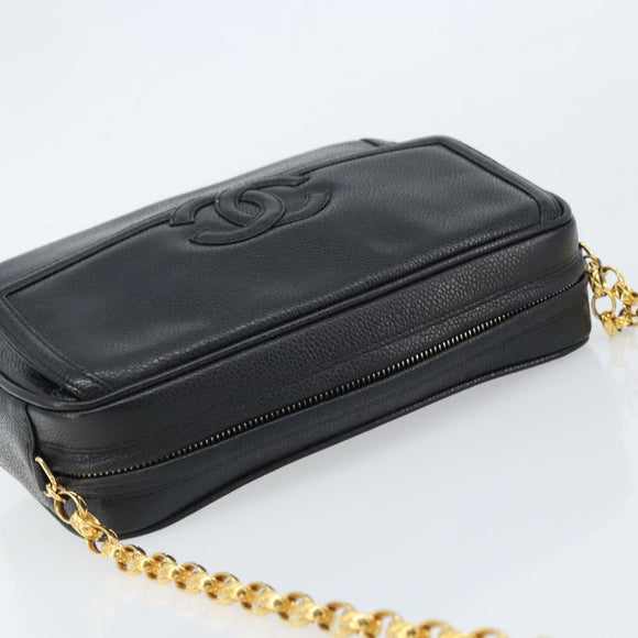CHANEL Chain Shoulder Bag Caviar Skin Black Gold CC Auth 166896SAV