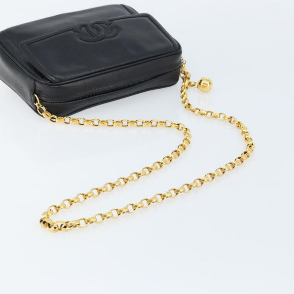 CHANEL Chain Shoulder Bag Caviar Skin Black Gold CC Auth 166896SAV