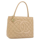 CHANEL Matelasse Reprint Tote Bag Caviar Skin Beige Gold CC Auth 166898SAV-1