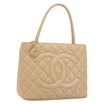 CHANEL Matelasse Reprint Tote Bag Caviar Skin Beige Gold CC Auth 166898SAV