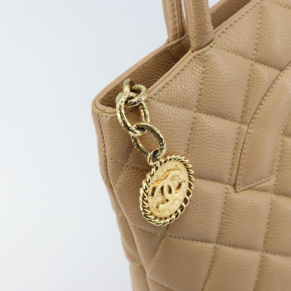 CHANEL Matelasse Reprint Tote Bag Caviar Skin Beige Gold CC Auth 166898SAV