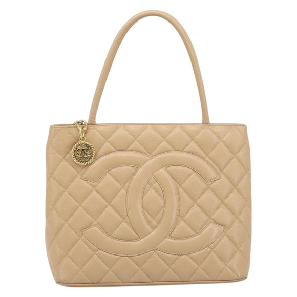 CHANEL Matelasse Reprint Tote Bag Caviar Skin Beige Gold CC Auth 166898SAV