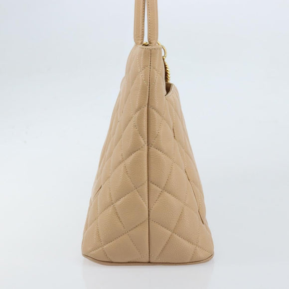 CHANEL Matelasse Reprint Tote Bag Caviar Skin Beige Gold CC Auth 166898SAV