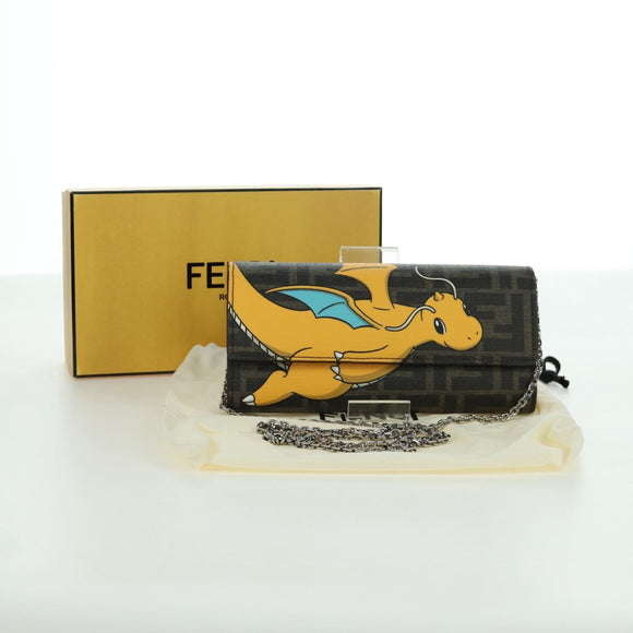FENDI xFRGMTxPOKÉMON Zucca Canvas Chain Wallet Dragon Bag Black Auth 166959SM