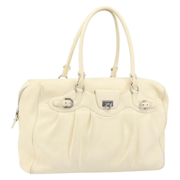 Salvatore Ferragamo Gancini Hand Bag Leather White Silver Auth 166988