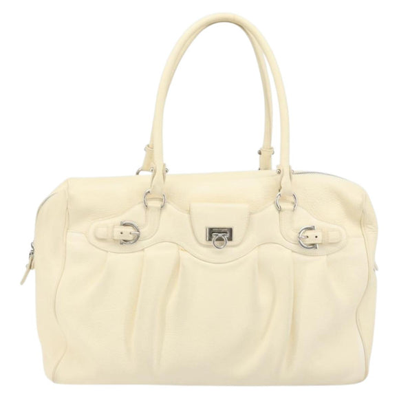 Salvatore Ferragamo Gancini Hand Bag Leather White Silver Auth 166988