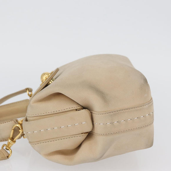 CELINE Hand Bag Leather 2way Beige Gold Auth 166991