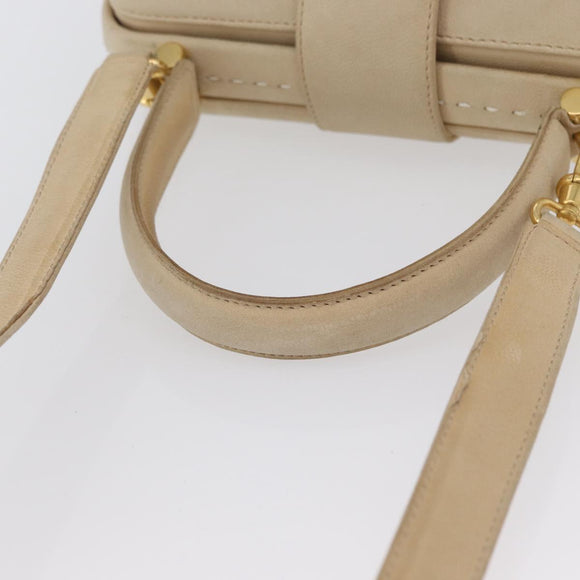 CELINE Hand Bag Leather 2way Beige Gold Auth 166991