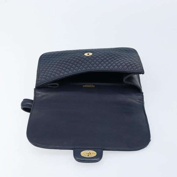 BALLY Hand Bag Leather Navy gold Auth 166993