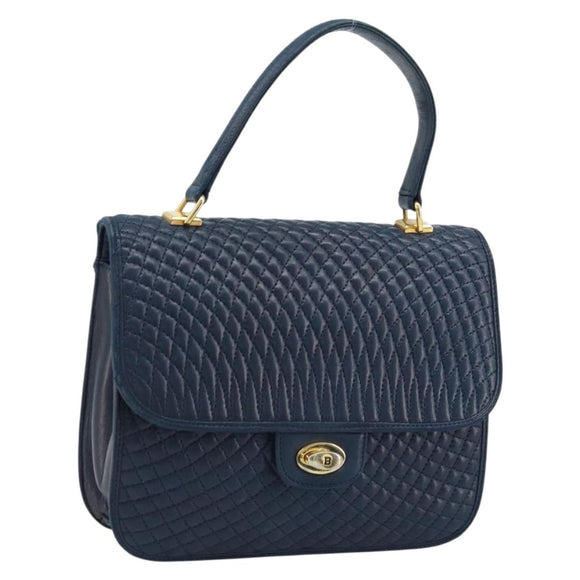 BALLY Hand Bag Leather Navy gold Auth 166993