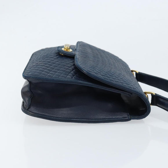 BALLY Hand Bag Leather Navy gold Auth 166993
