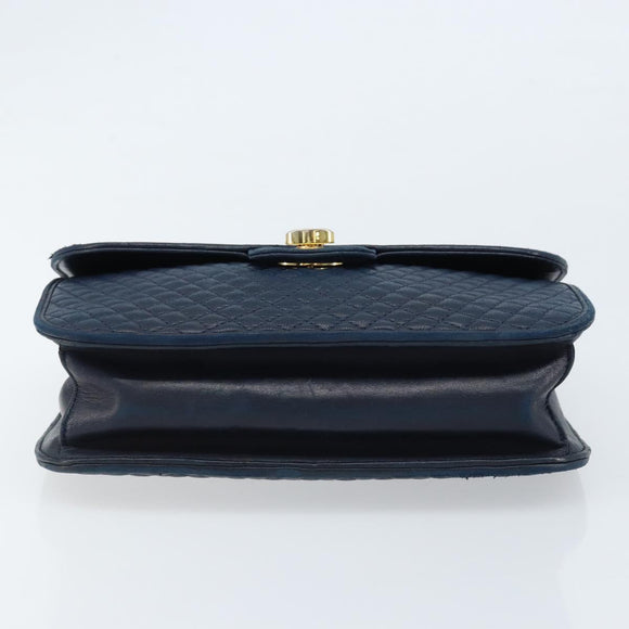 BALLY Hand Bag Leather Navy gold Auth 166993