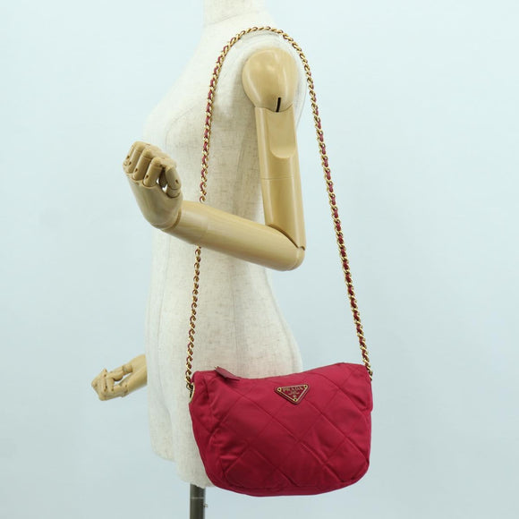 PRADA Schoudertas met Ketting Nylon Roze Goud Auth 166995A