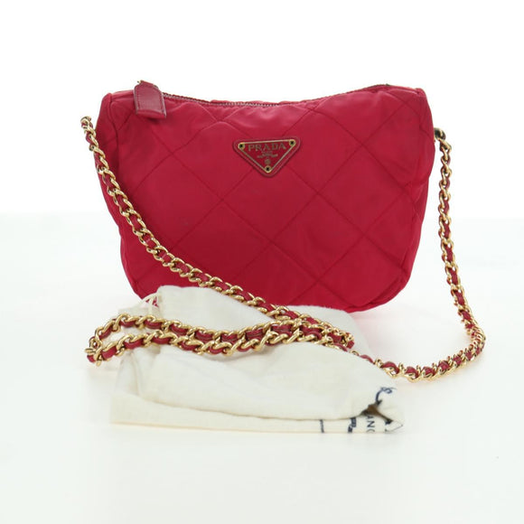 PRADA Schoudertas met Ketting Nylon Roze Goud Auth 166995A
