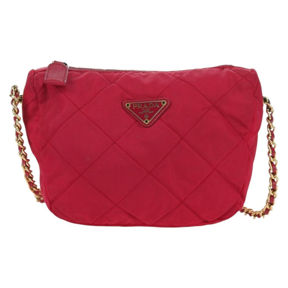 PRADA Schoudertas met Ketting Nylon Roze Goud Auth 166995A