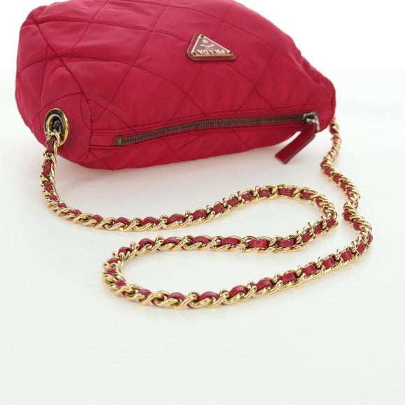 PRADA Schoudertas met Ketting Nylon Roze Goud Auth 166995A