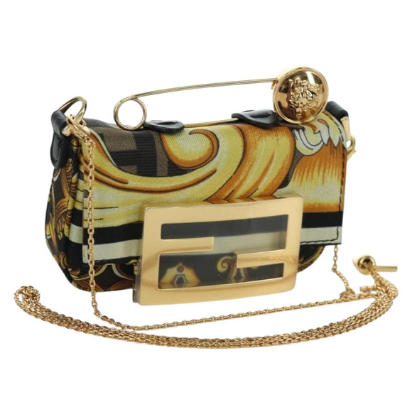 FENDI × VERSACE FENDACE Mamma Baguette Pouch Nylon Black Gold Tone Auth 166998SM