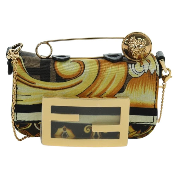 FENDI × VERSACE FENDACE Mamma Baguette Pouch Nylon Black Gold Tone Auth 166998SM