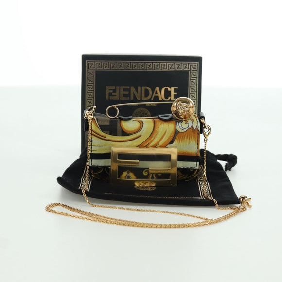 FENDI × VERSACE FENDACE Mamma Baguette Pouch Nylon Black Gold Tone Auth 166998SM