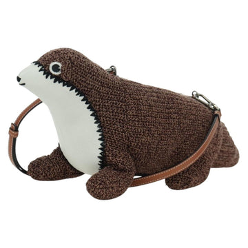 LOEWE Otter Bag Shoulder Bag Leather Brown Silver Auth 167121SM