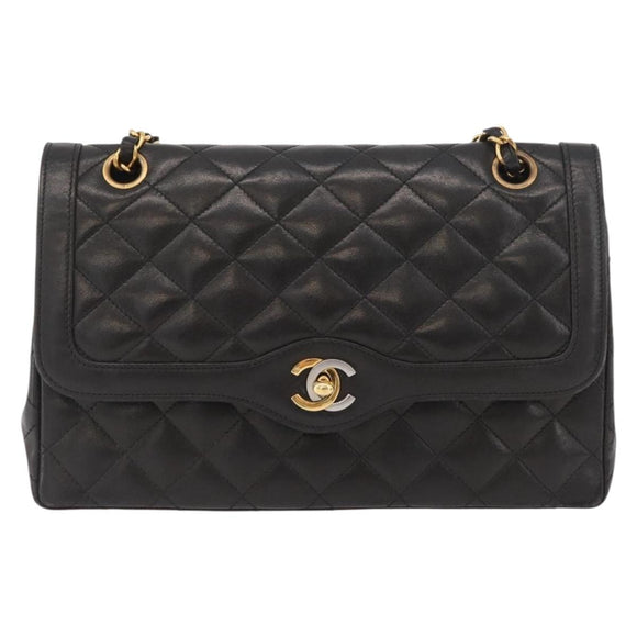 CHANEL Matelasse Bag Lamb Skin Paris limited model Black CC Auth 167175SM