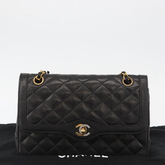 CHANEL Matelasse Bag Lamb Skin Paris limited model Black CC Auth 167175SM