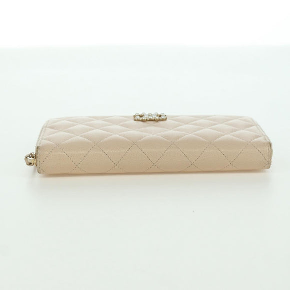 CHANEL Long Wallet Lamb Skin Beige Gold CC Auth 167178SAM